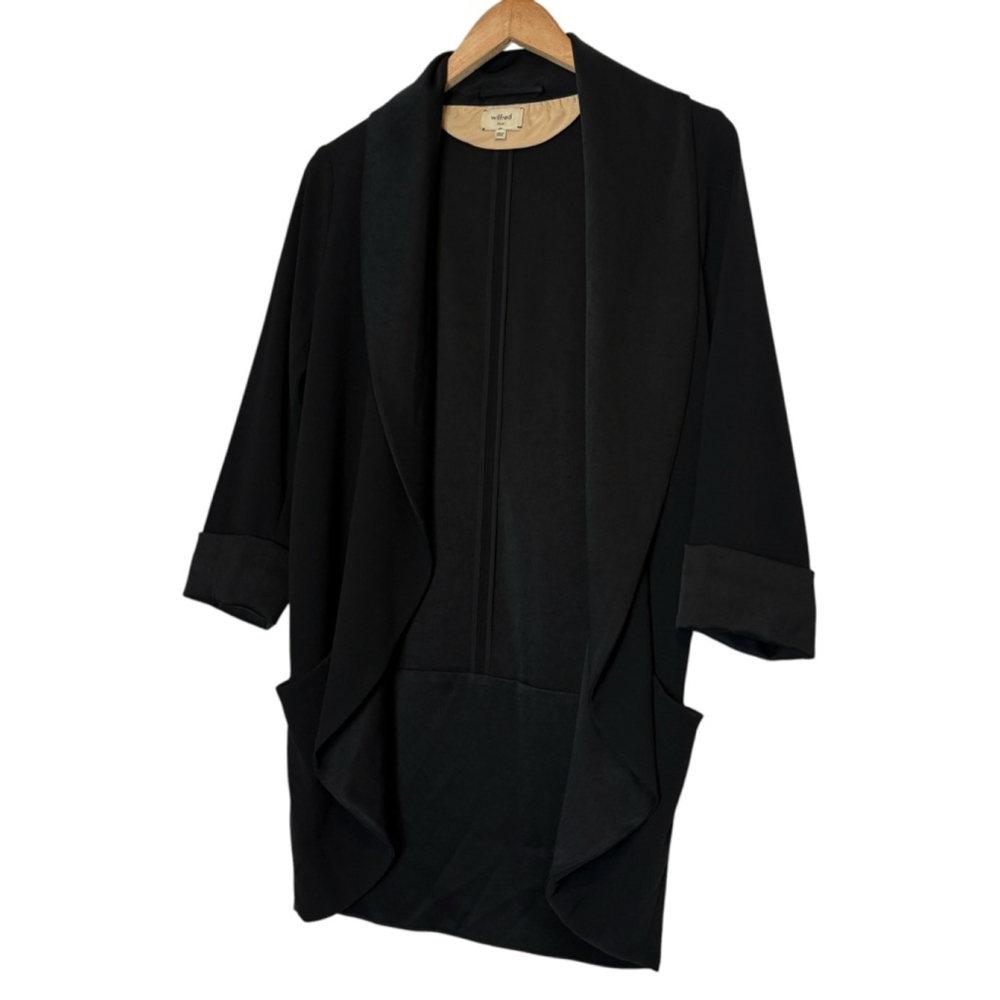 Aritzia Wilfred Chevalier Blazer Black Satin Collar Size 4 Open Front Crepe - Picture 7 of 11